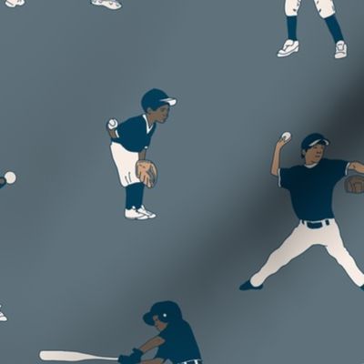 Large Little League Baseball Players, Navy and White on Grey