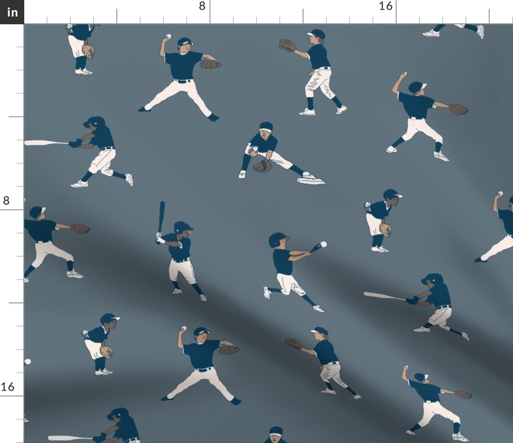 Large Little League Baseball Players, Navy and White on Grey