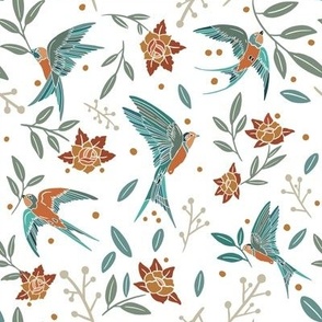 Turquoise Swallows Seamless design with orange and yellow orchids and roses