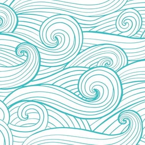Hand-drawn waves , swirls turquoise jumbo scale