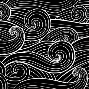 Hand-drawn waves , swirls on black jumbo scale