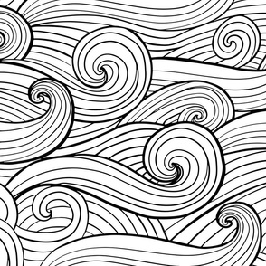 Hand-drawn waves , swirls black on white jumbo scale