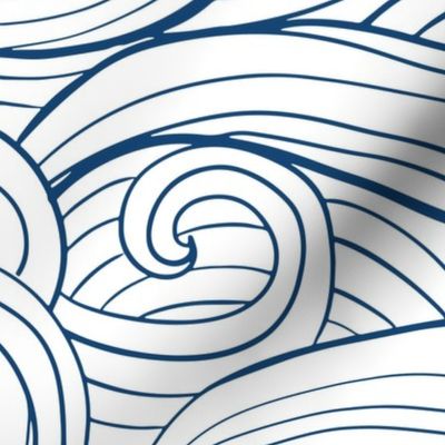 Hand-drawn waves , swirls navy on white jumbo scale