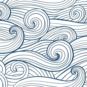 Hand-drawn waves , swirls navy on white jumbo scale