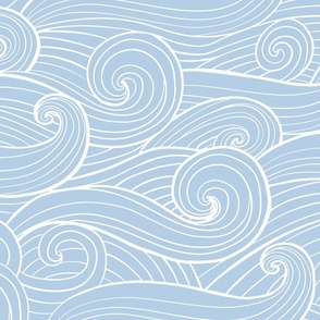 Hand-drawn waves , swirls serenity blue jumbo scale coastal fabric