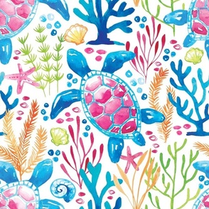 sea turtle, bright and colorful watercolor coral reef with turtles