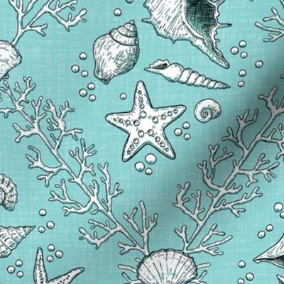 Hand-drawn ocean, sea damask coral reef, seashell damask light turquoise coastal fabric