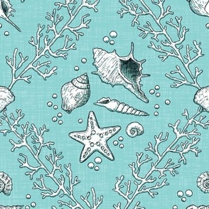 Hand-drawn ocean, sea damask coral reef, seashell damask light turquoise coastal fabric