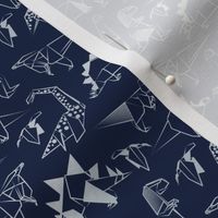 Tiny scale // Origami metallic dino friends // oxford navy blue background silver lined dinosaurs