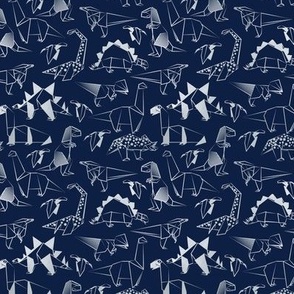 Tiny scale // Origami metallic dino friends // oxford navy blue background silver lined dinosaurs