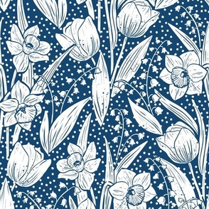 Spring garden - tulips,daffodil and lily of the valley -navy