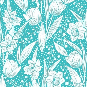 Spring garden - tulips,daffodil and lily of the valley -turquoise
