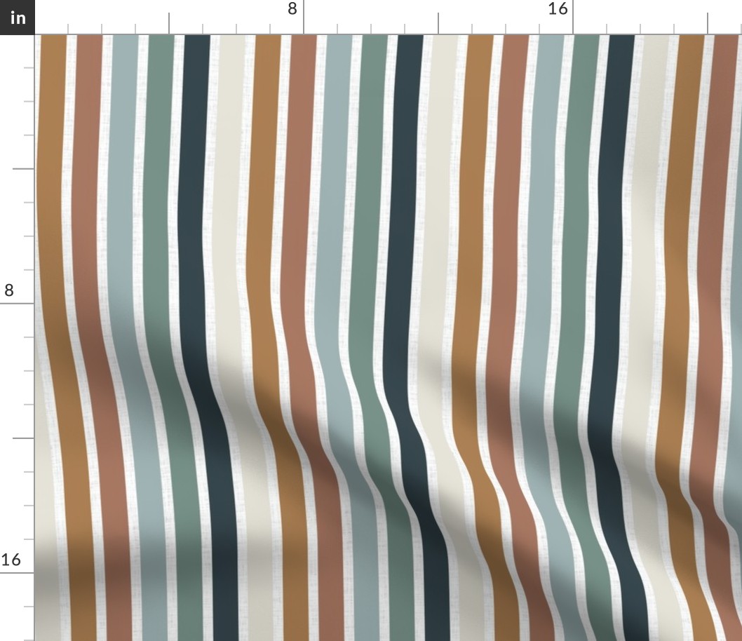 rotated half scale stripes: juniper teal, aegean green, marina blue, adobe red, teak gold, bisque beige