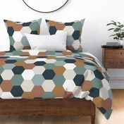 6" hexagon wholecloth: juniper teal, aegean green, marina blue, adobe red, teak gold, bisque beige