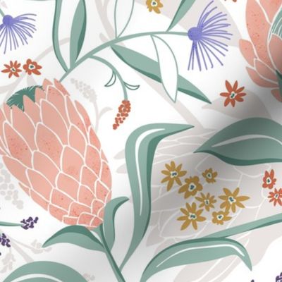 Protea Field - Botanical Floral White Pink Large Scale