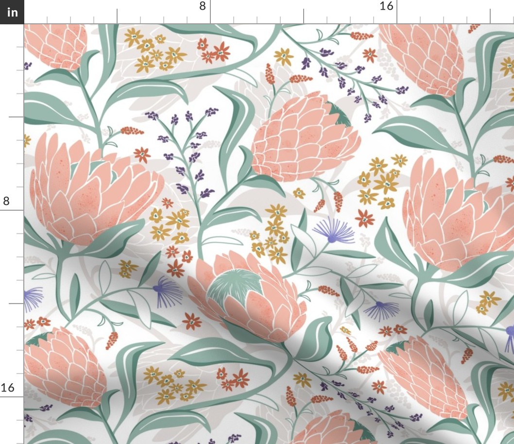 Protea Field - Botanical Floral White Pink Large Scale