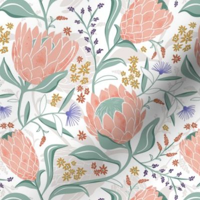 Protea Field - Botanical Floral White Pink Regular Scale