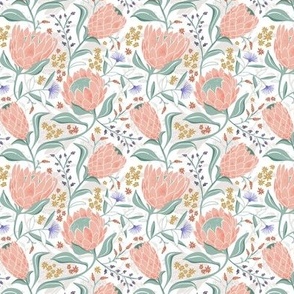 Protea Field - Botanical Floral White Pink Small Scale
