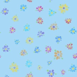 Watercolor flowers - light blue - rainbow colors 