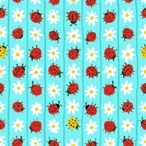 Ladybugs and daisies - stripes - aqua, mint