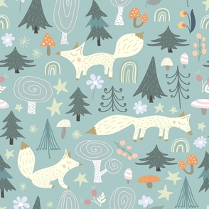 Foxes (18") - woodland baby fox nursery print, forest animals kids room fabric and wallpaper