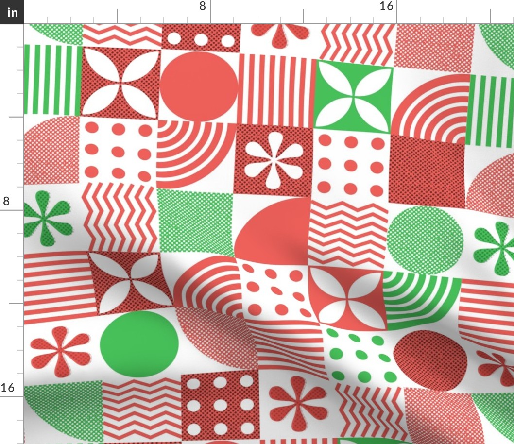 Retro Asterisks In Bloom. Can you feel Christmas? // red and green geometric shapes  square tiles asterisk zigzag zig zag circle concentric lines