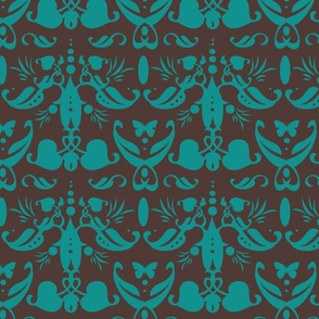 Damask in Teal on Taupe
