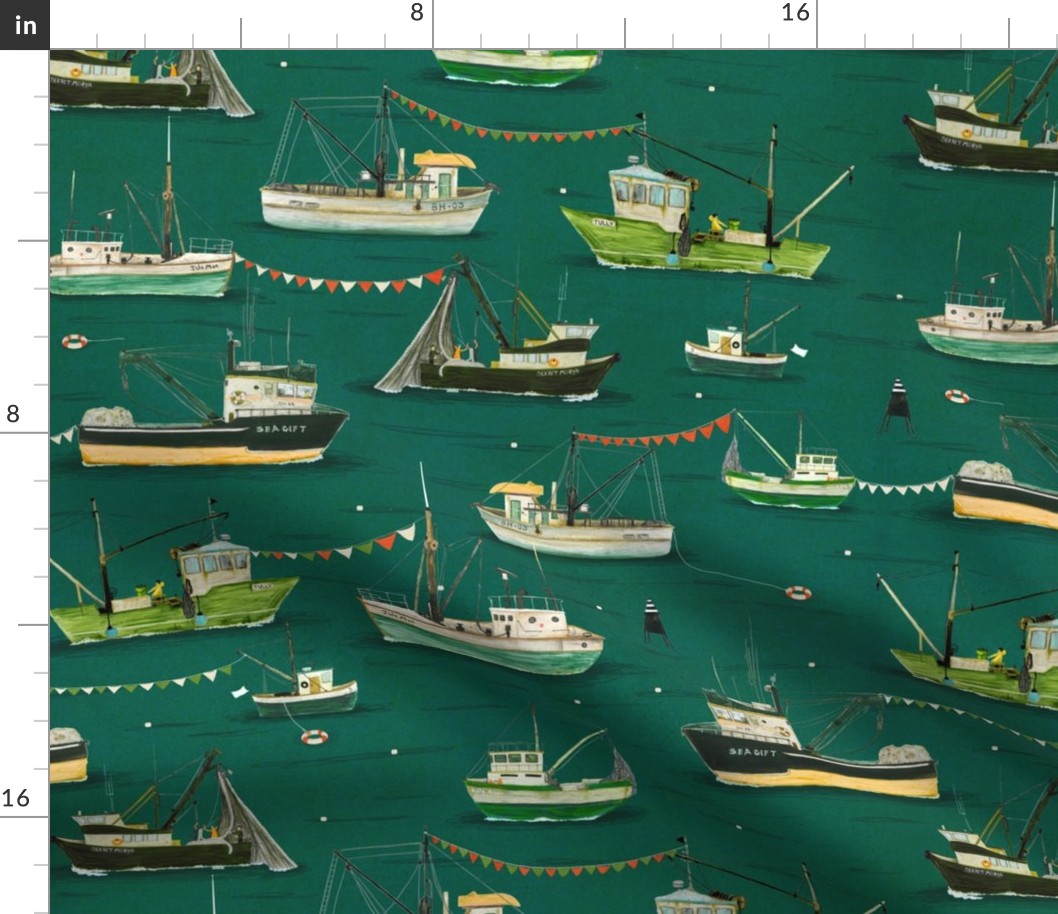 Fishing boats - emerald (medium)
