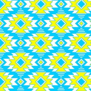  Tribal Aztec Native Ornament - White Vivid Cyan Sky Blue Brilliant Sunny Limon Yellow - Ethnic Amulet Boho Pattern - Middle