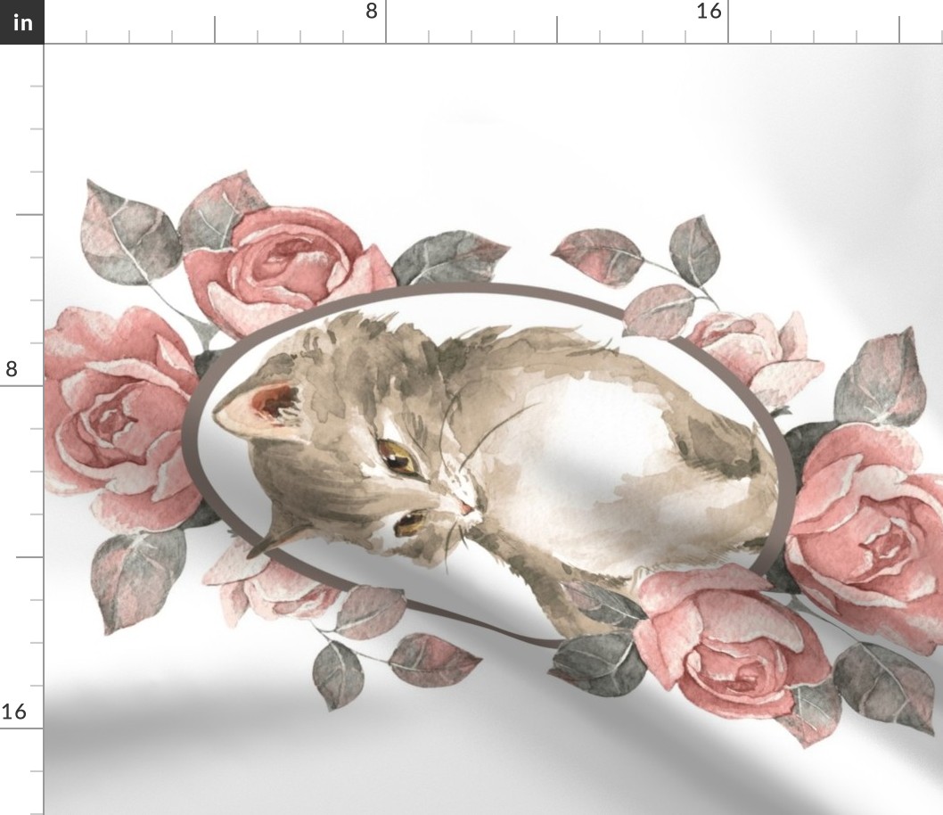 Kitten with pink roses. Fat Quarter Design