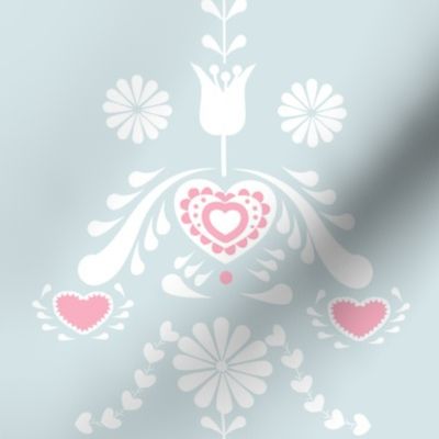 Folk Art Vertical Stripe with Flowers and Pink and White Hearts