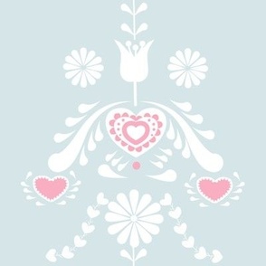 Folk Art Vertical Stripe with Flowers and Pink and White Hearts