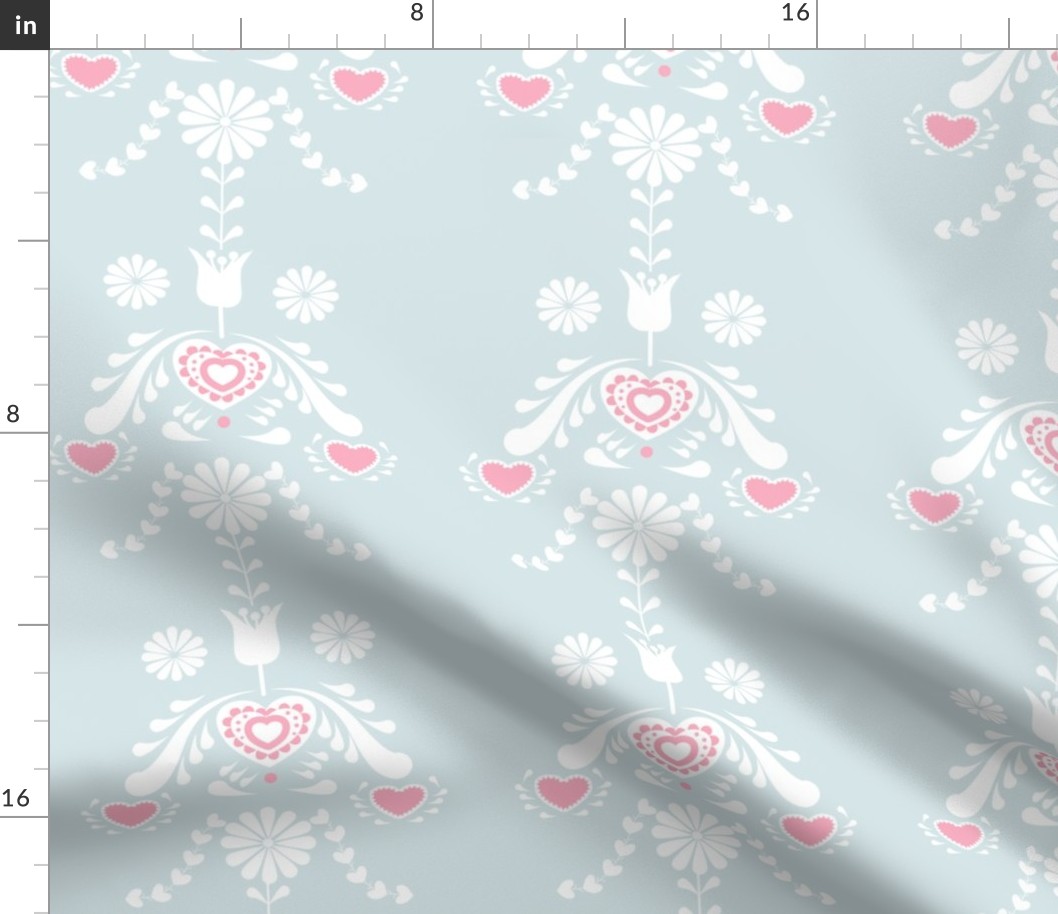 Folk Art Vertical Stripe with Flowers and Pink and White Hearts