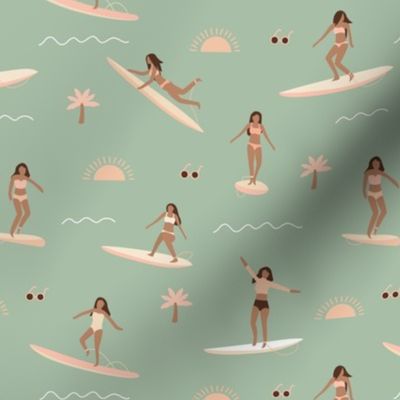 Island vibes waves and surf girls hawaii inspired women with palm trees surf boards and sun blush pink yellow on sage green