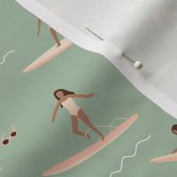 Island vibes waves and surf girls hawaii inspired women with palm trees surf boards and sun blush pink yellow on sage green