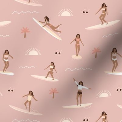 Island vibes waves and surf girls hawaii inspired women with palm trees surf boards and sun blush pink yellow on rose pink