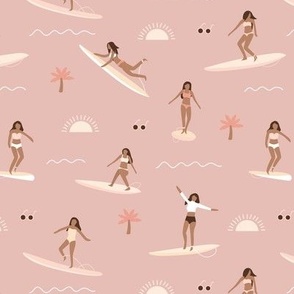 Island vibes waves and surf girls hawaii inspired women with palm trees surf boards and sun blush pink yellow on rose pink