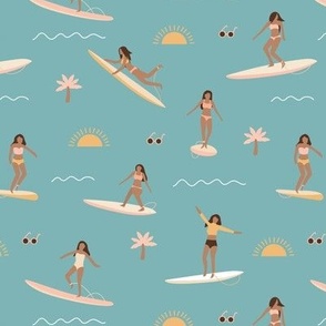 Island vibes waves and surf girls hawaii inspired women with palm trees surf boards and sun blush pink yellow teal blue