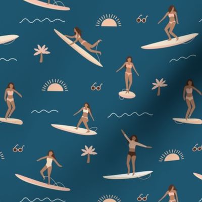 Island vibes waves and surf girls hawaii inspired women with palm trees surf boards and sun blush pink yellow navy blue