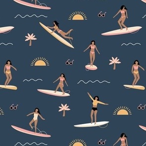 Island vibes waves and surf girls hawaii inspired women with palm trees surf boards and sun blush pink yellow midnight blue