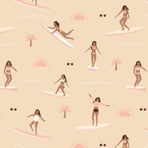 Island vibes waves and surf girls hawaii inspired women with palm trees surf boards and sun blush pink yellow vanilla beige