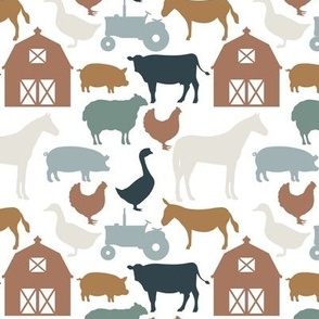 small farm animals: juniper teal, aegean green, marina blue, adobe red, teak gold, bisque beige