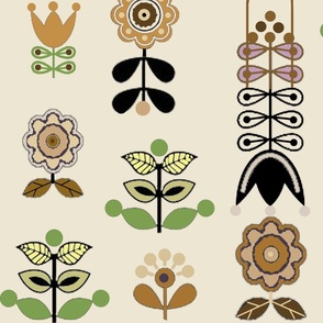MaximalSkandinavian-wooden-flowers-tan_-beige_-brown_-ecru_-greige_-leaf-green-burnt-orange-black-on-cream