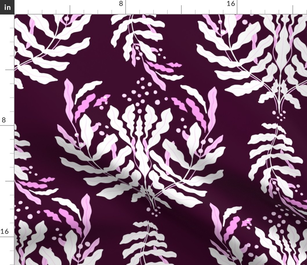Abstract botanical leaves large scale, purple white