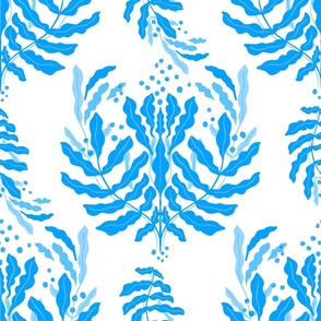 Bold large abstract botanical leaves blue on white