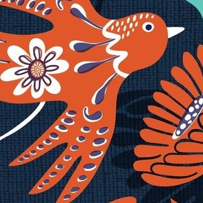 La Fantasia Folklore Birds and Flowers - Navy Blue Red Orange Jumbo Scale