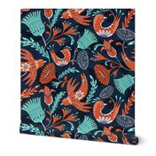 La Fantasia Folklore Birds and Flowers - Navy Blue Red Orange Large Scale