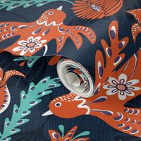 La Fantasia Folklore Birds and Flowers - Navy Blue Red Orange Large Scale