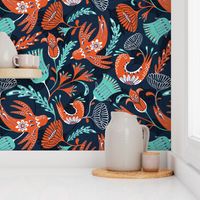 La Fantasia Folklore Birds and Flowers - Navy Blue Red Orange Large Scale