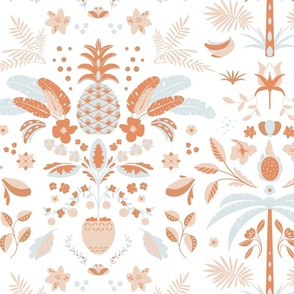 Tropical Folk Art Palm trees, bananas, pineapples, neutrals and pale blue